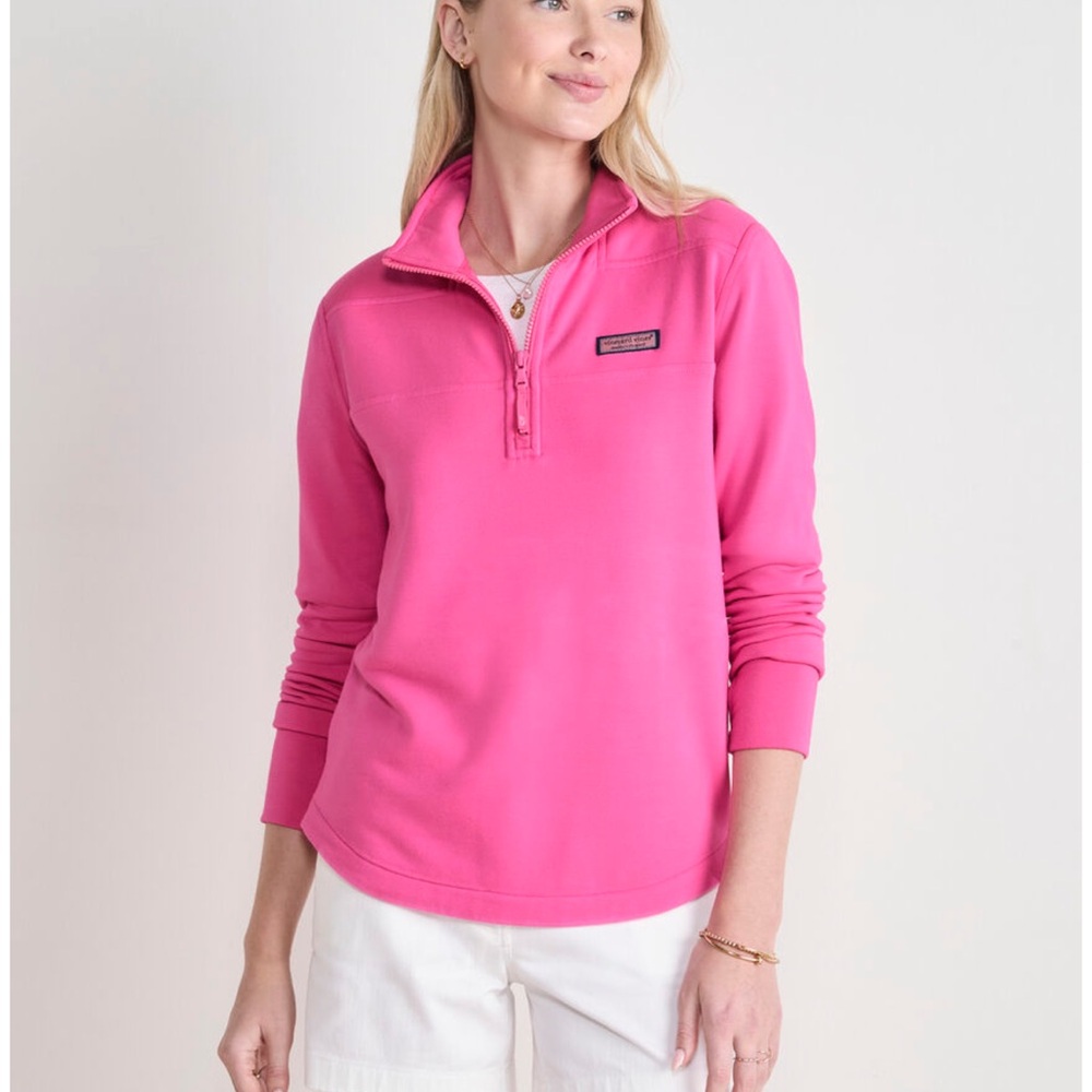 Unisex‎ vineyard vines quarter zip in hot pink with blue stripe details